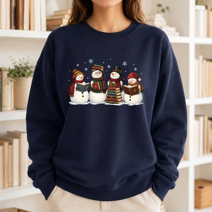 Four Snowmen Reading Printed Sweatshirt | Christmas Book Lover Gift Navy