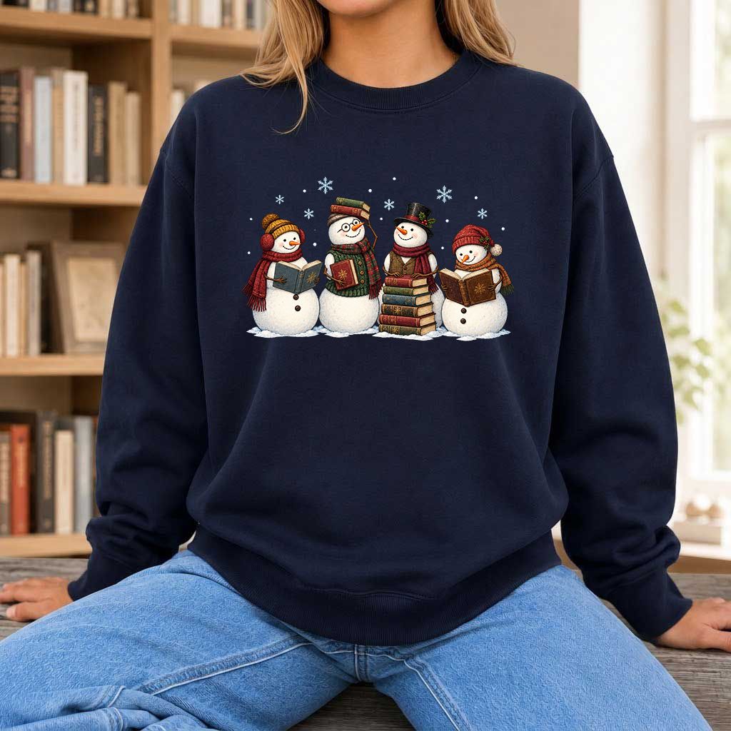 Four Snowmen Reading Printed Sweatshirt | Christmas Book Lover Gift Navy