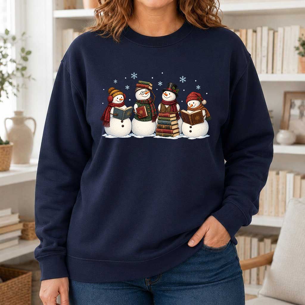 Four Snowmen Reading Printed Sweatshirt | Christmas Book Lover Gift Navy