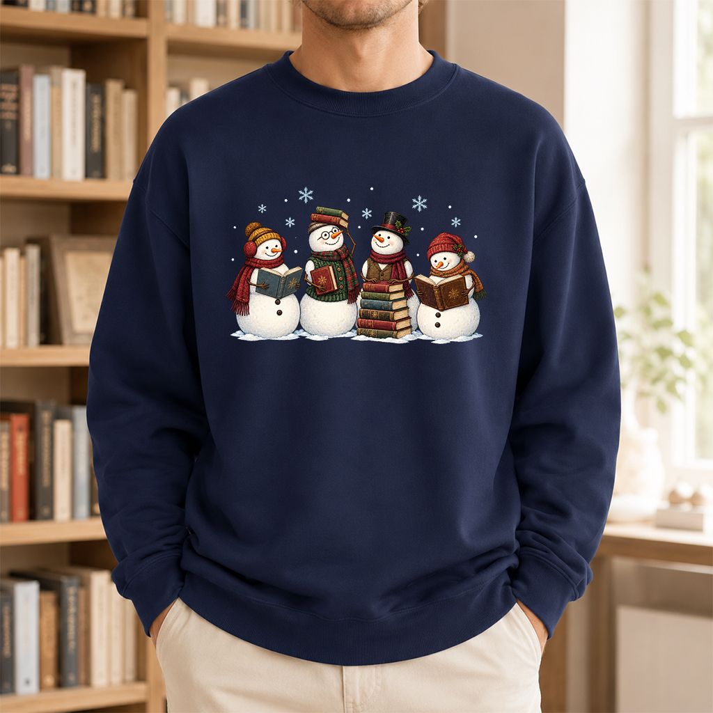 Four Snowmen Reading Printed Sweatshirt | Christmas Book Lover Gift Navy