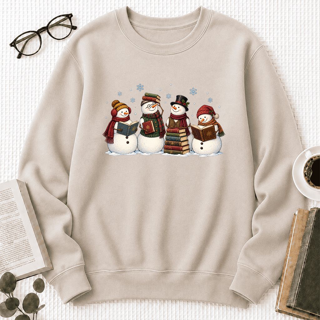 Four Snowmen Reading Printed Sweatshirt | Christmas Book Lover Gift Sand