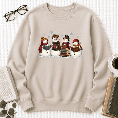 Four Snowmen Reading Printed Sweatshirt | Christmas Book Lover Gift Sand