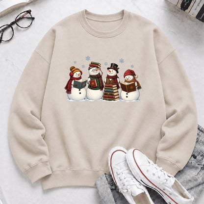 Four Snowmen Reading Printed Sweatshirt | Christmas Book Lover Gift Sand