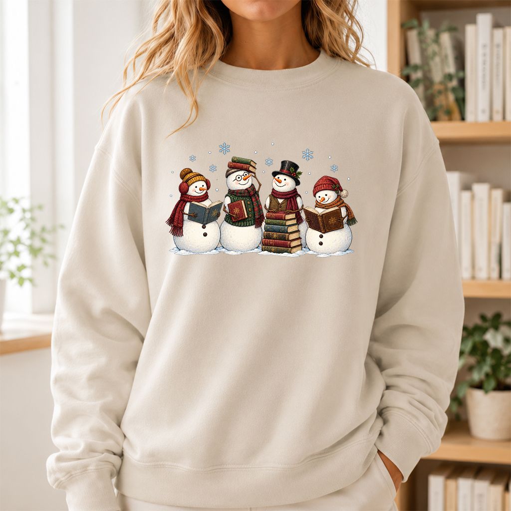 Four Snowmen Reading Printed Sweatshirt | Christmas Book Lover Gift Sand