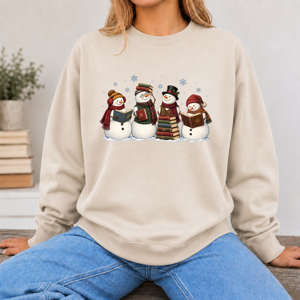 Four Snowmen Reading Printed Sweatshirt | Christmas Book Lover Gift Sand