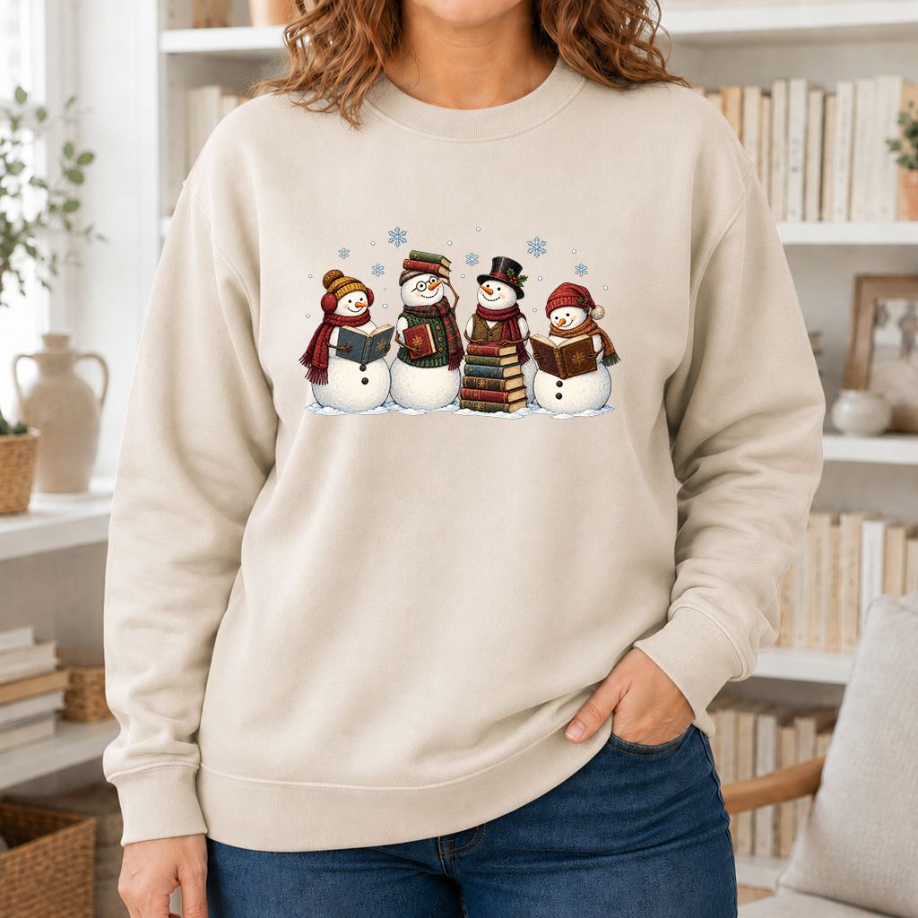 Four Snowmen Reading Printed Sweatshirt | Christmas Book Lover Gift Sand