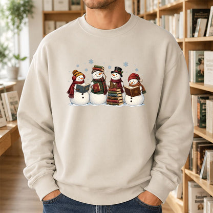 Four Snowmen Reading Printed Sweatshirt | Christmas Book Lover Gift Sand