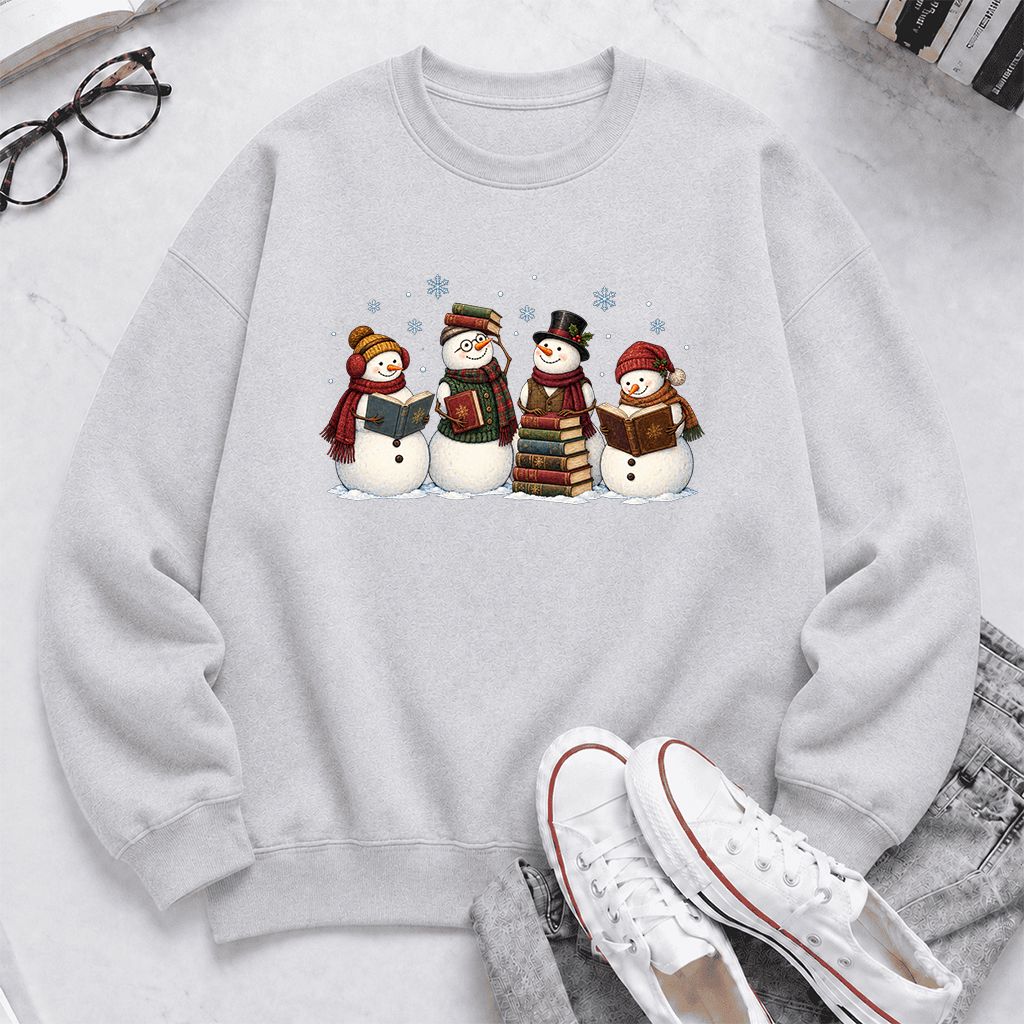Four Snowmen Reading Printed Sweatshirt | Christmas Book Lover Gift Sport Grey