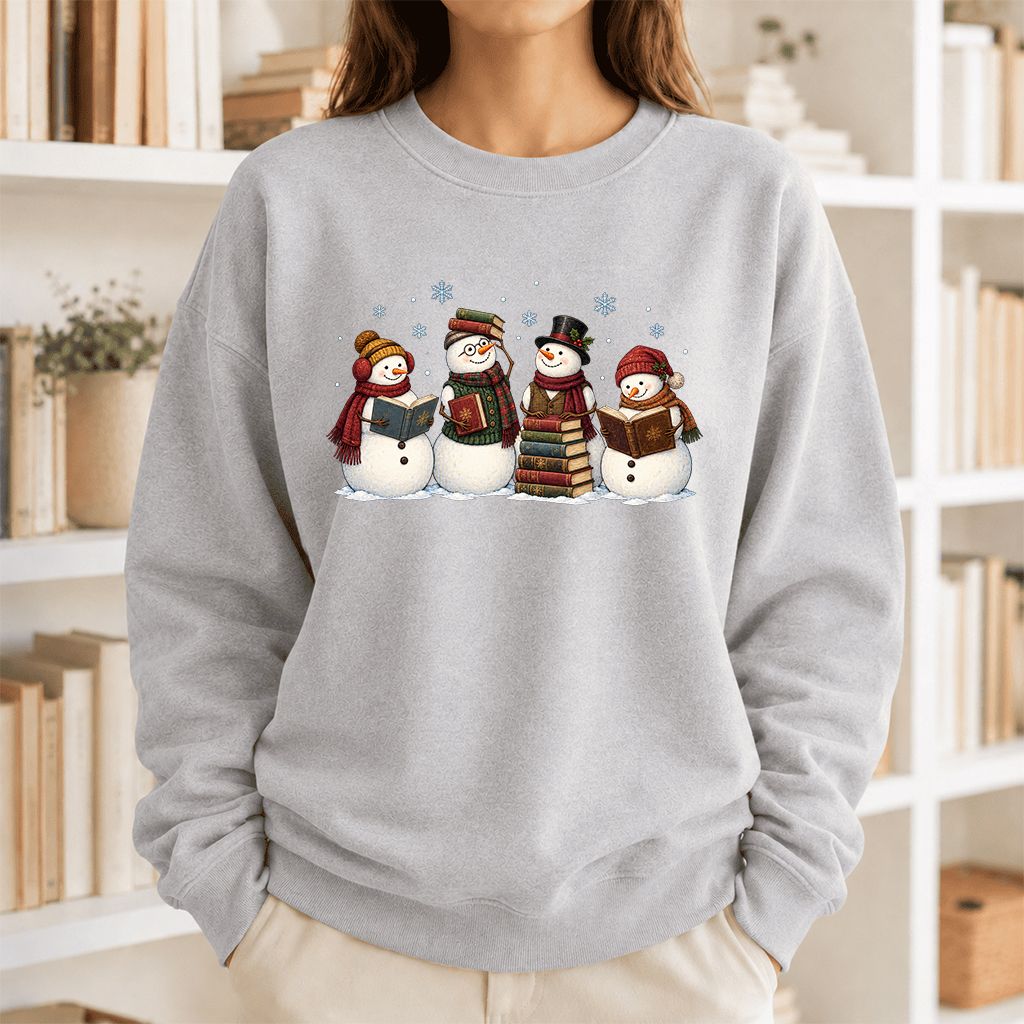 Four Snowmen Reading Printed Sweatshirt | Christmas Book Lover Gift Sport Grey