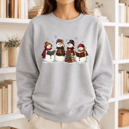 Four Snowmen Reading Printed Sweatshirt | Christmas Book Lover Gift Sport Grey