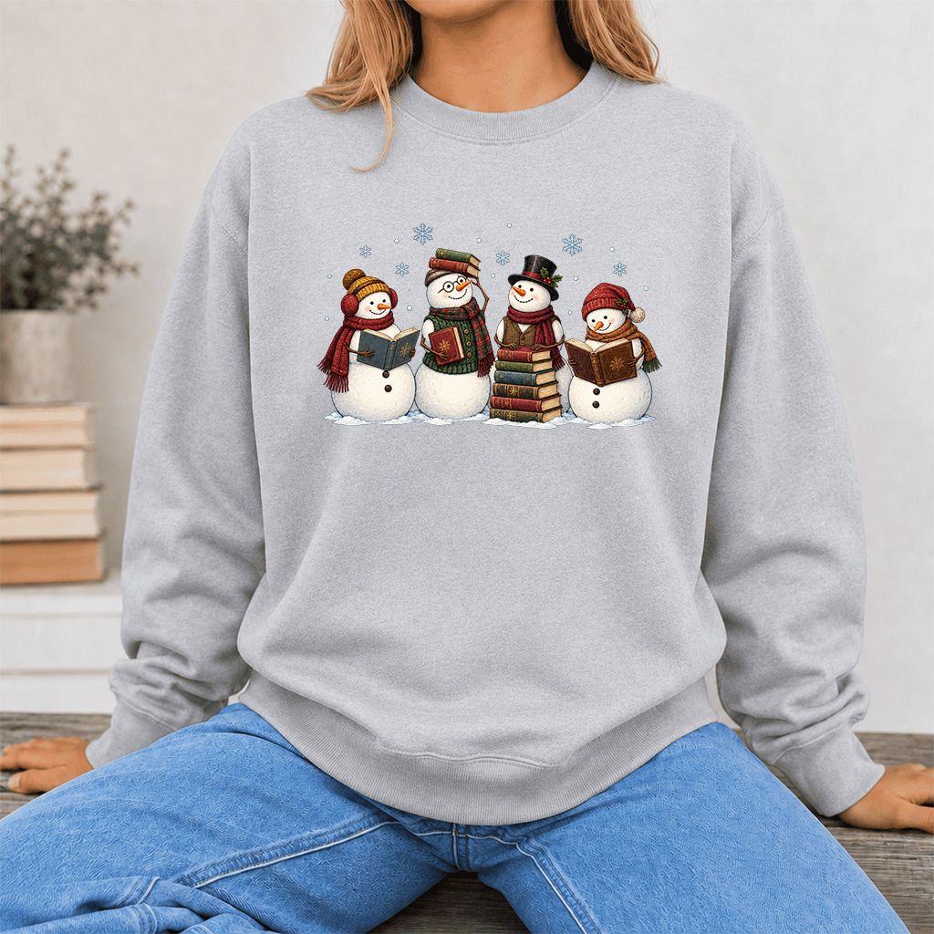 Four Snowmen Reading Printed Sweatshirt | Christmas Book Lover Gift Sport Grey
