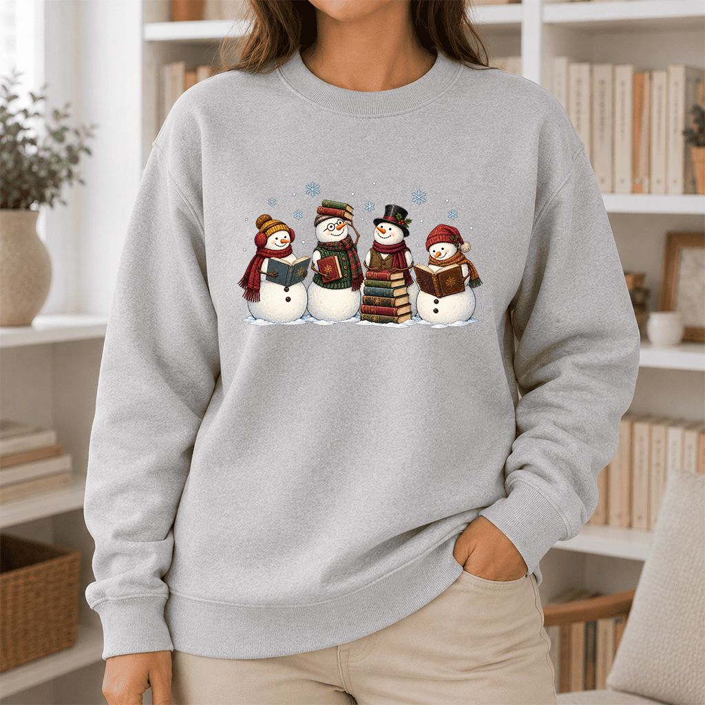 Four Snowmen Reading Printed Sweatshirt | Christmas Book Lover Gift Sport Grey