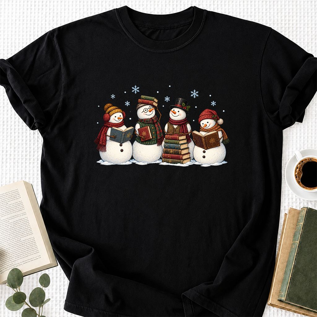 Four Snowmen Reading Printed T-Shirt | Christmas Book Lover Gift Black