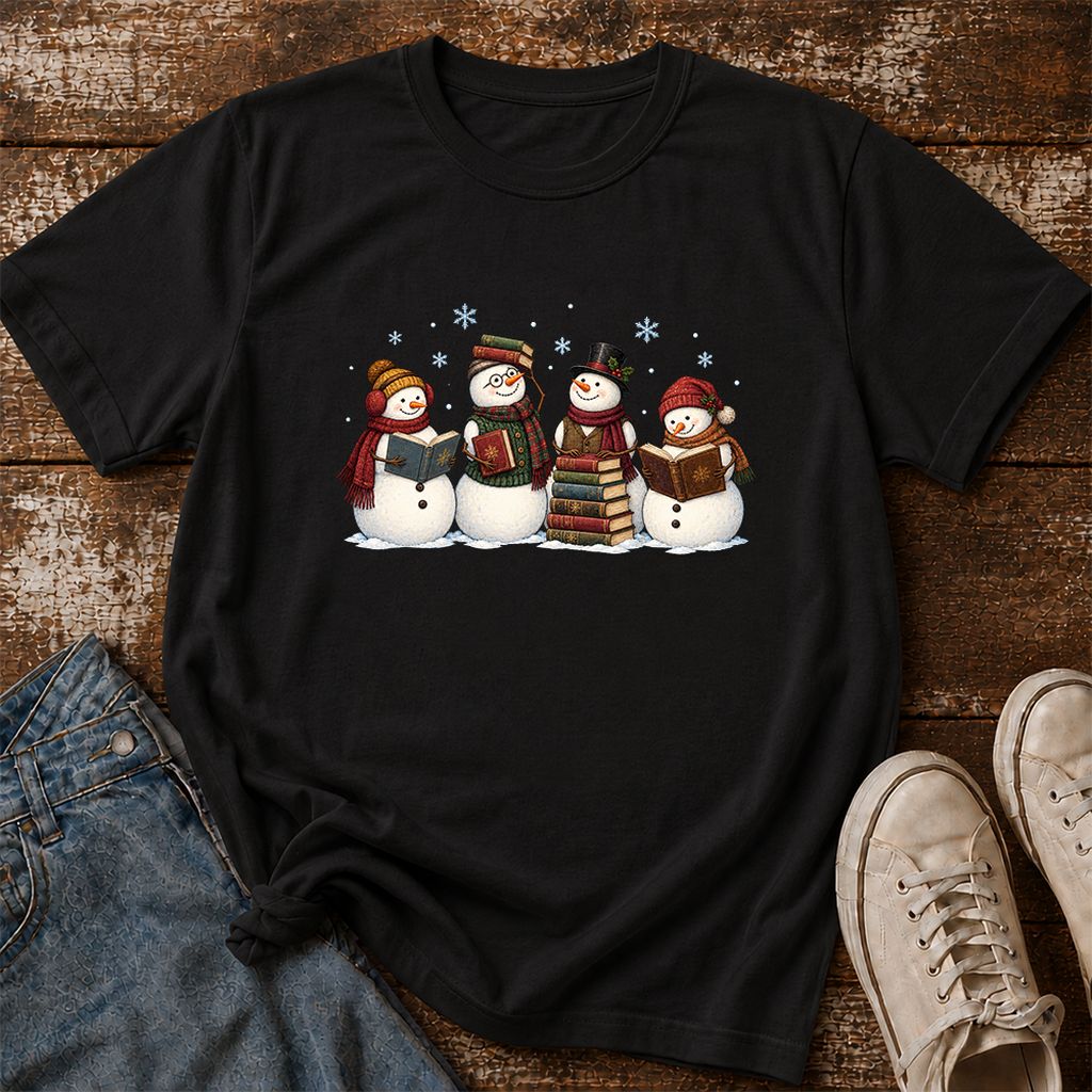 Four Snowmen Reading Printed T-Shirt | Christmas Book Lover Gift Black