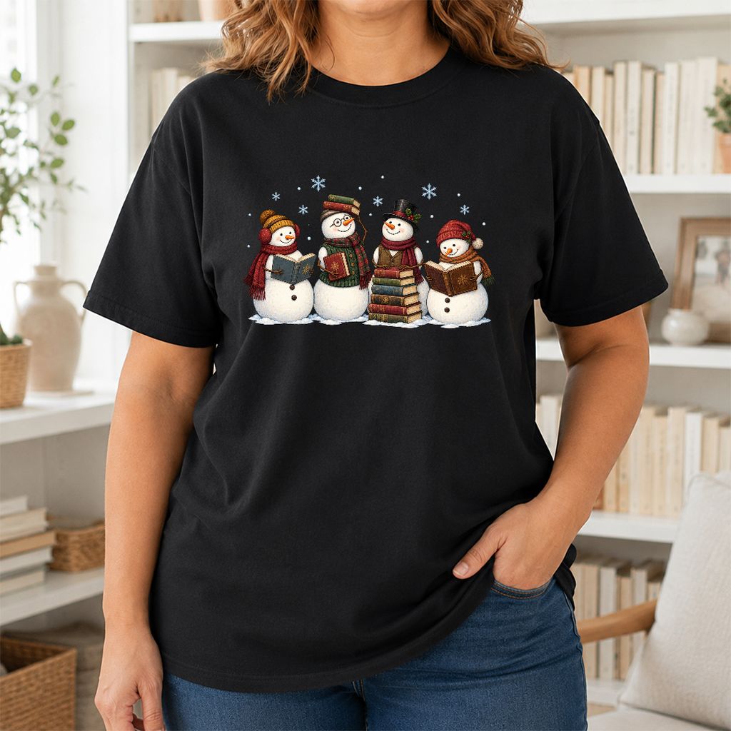 Four Snowmen Reading Printed T-Shirt | Christmas Book Lover Gift Black