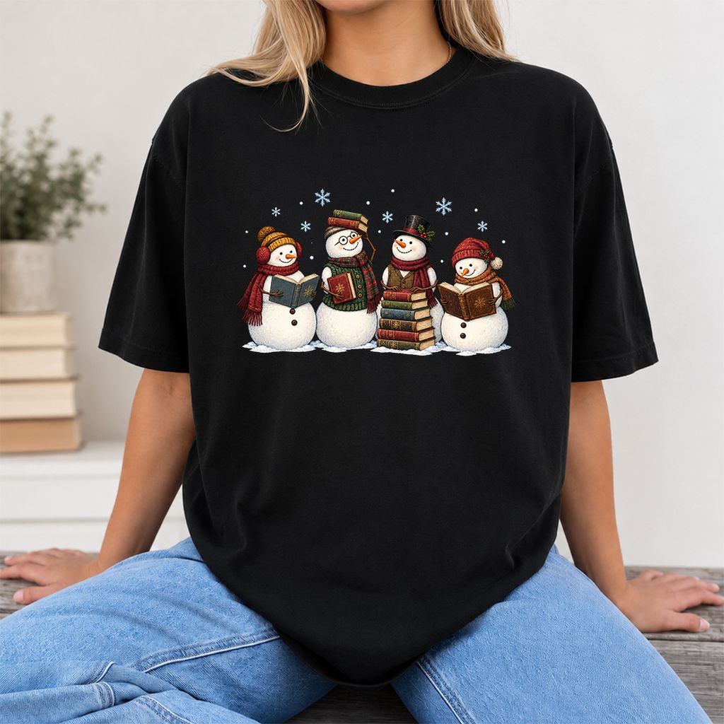 Four Snowmen Reading Printed T-Shirt | Christmas Book Lover Gift Black