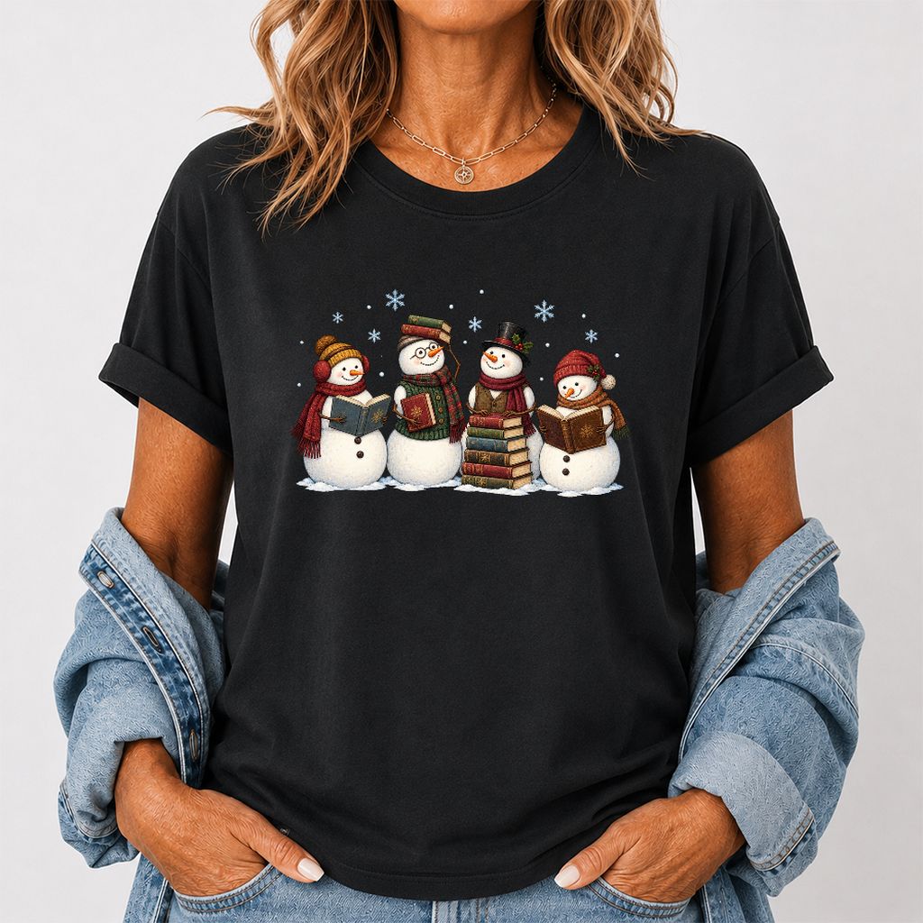 Four Snowmen Reading Printed T-Shirt | Christmas Book Lover Gift Black