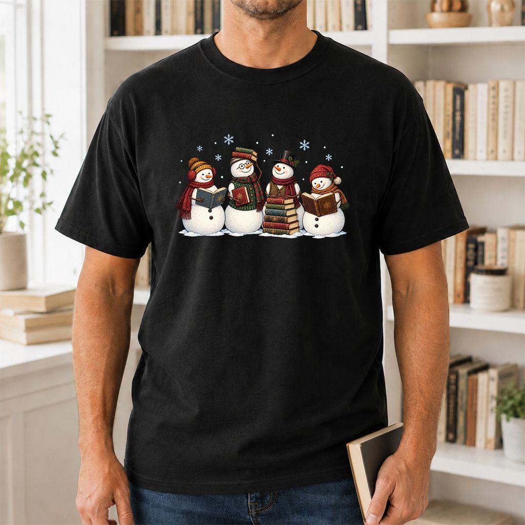 Four Snowmen Reading Printed T-Shirt | Christmas Book Lover Gift Black
