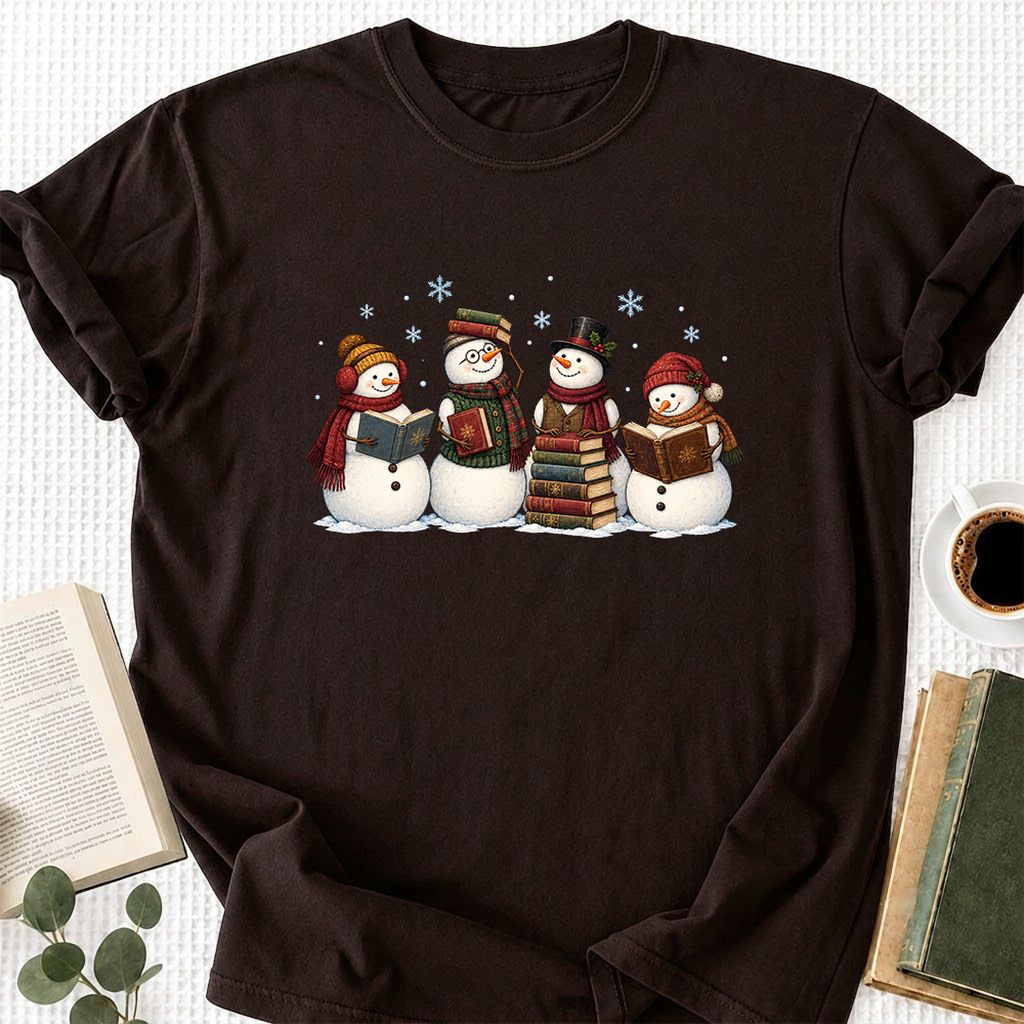Four Snowmen Reading Printed T-Shirt | Christmas Book Lover Gift Dark Chocolate