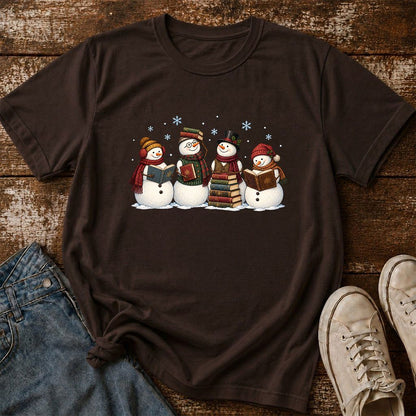 Four Snowmen Reading Printed T-Shirt | Christmas Book Lover Gift Dark Chocolate