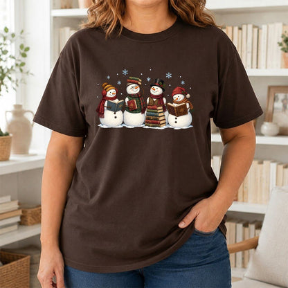 Four Snowmen Reading Printed T-Shirt | Christmas Book Lover Gift Dark Chocolate