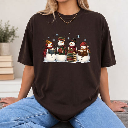 Four Snowmen Reading Printed T-Shirt | Christmas Book Lover Gift Dark Chocolate