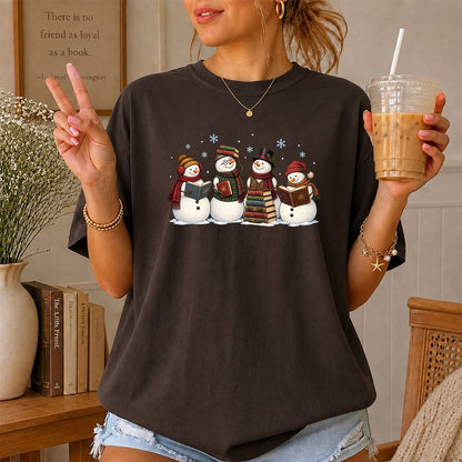 Four Snowmen Reading Printed T-Shirt | Christmas Book Lover Gift Dark Chocolate