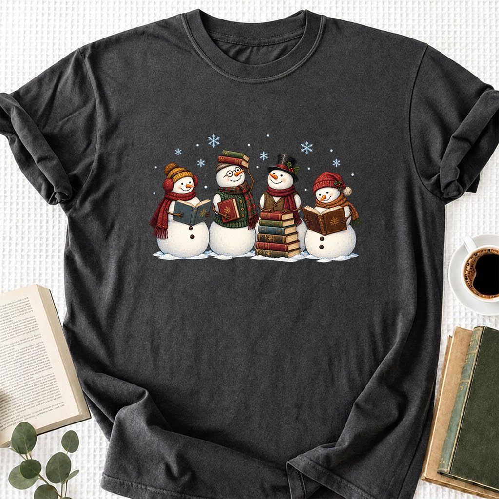 Four Snowmen Reading Printed T-Shirt | Christmas Book Lover Gift Dark Heather