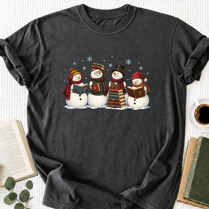 Four Snowmen Reading Printed T-Shirt | Christmas Book Lover Gift Dark Heather