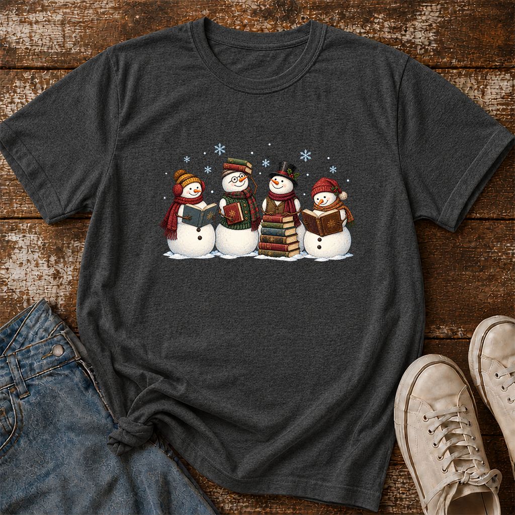 Four Snowmen Reading Printed T-Shirt | Christmas Book Lover Gift Dark Heather