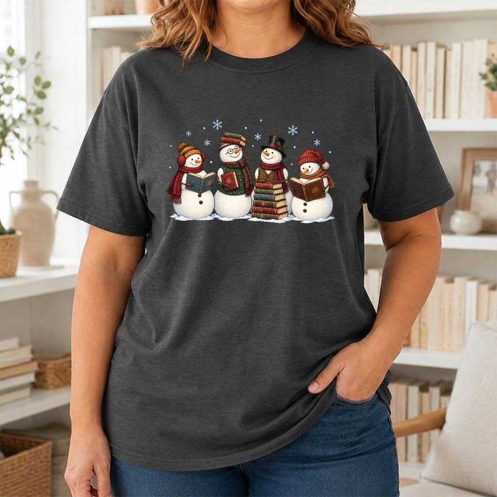 Four Snowmen Reading Printed T-Shirt | Christmas Book Lover Gift Dark Heather