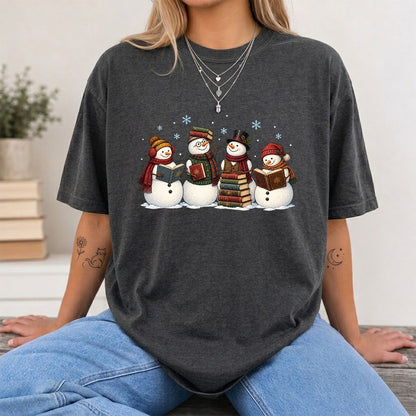 Four Snowmen Reading Printed T-Shirt | Christmas Book Lover Gift Dark Heather