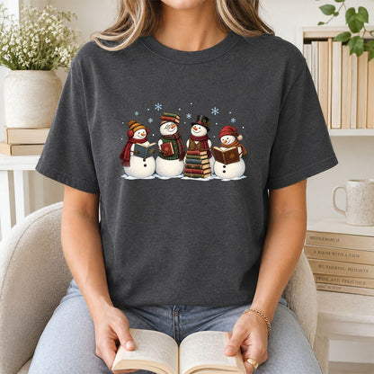 Four Snowmen Reading Printed T-Shirt | Christmas Book Lover Gift Dark Heather