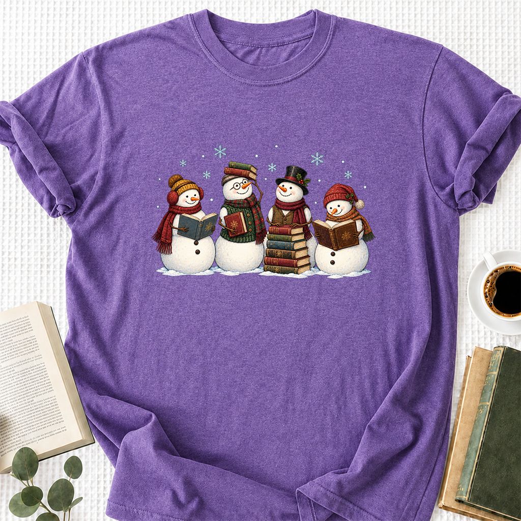 Four Snowmen Reading Printed T-Shirt | Christmas Book Lover Gift Heather Purple