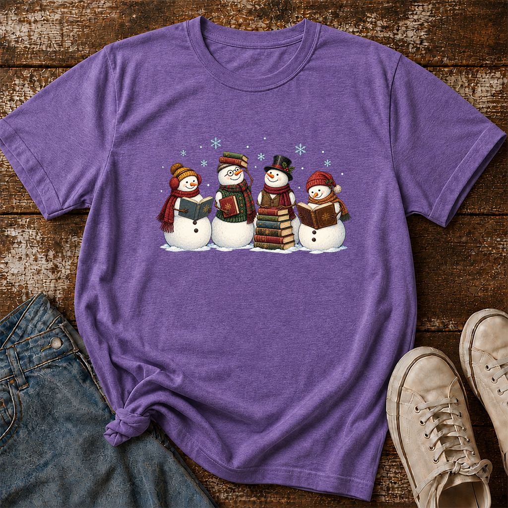 Four Snowmen Reading Printed T-Shirt | Christmas Book Lover Gift Heather Purple