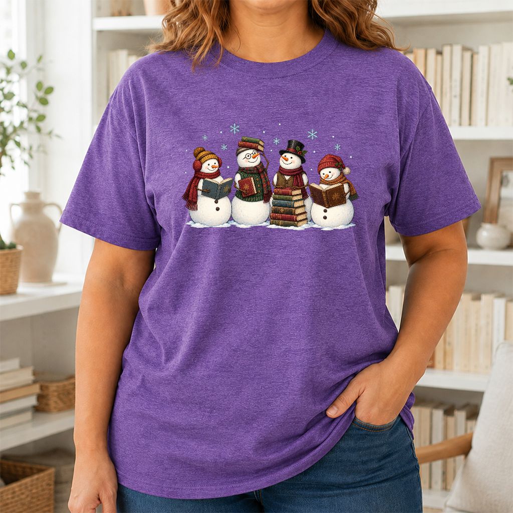 Four Snowmen Reading Printed T-Shirt | Christmas Book Lover Gift Heather Purple