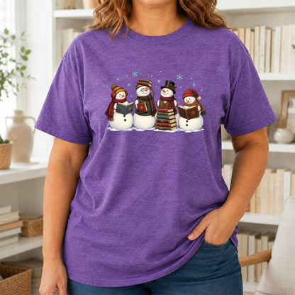 Four Snowmen Reading Printed T-Shirt | Christmas Book Lover Gift Heather Purple