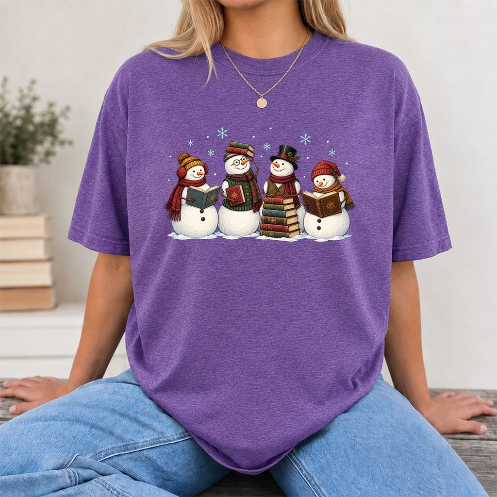 Four Snowmen Reading Printed T-Shirt | Christmas Book Lover Gift Heather Purple