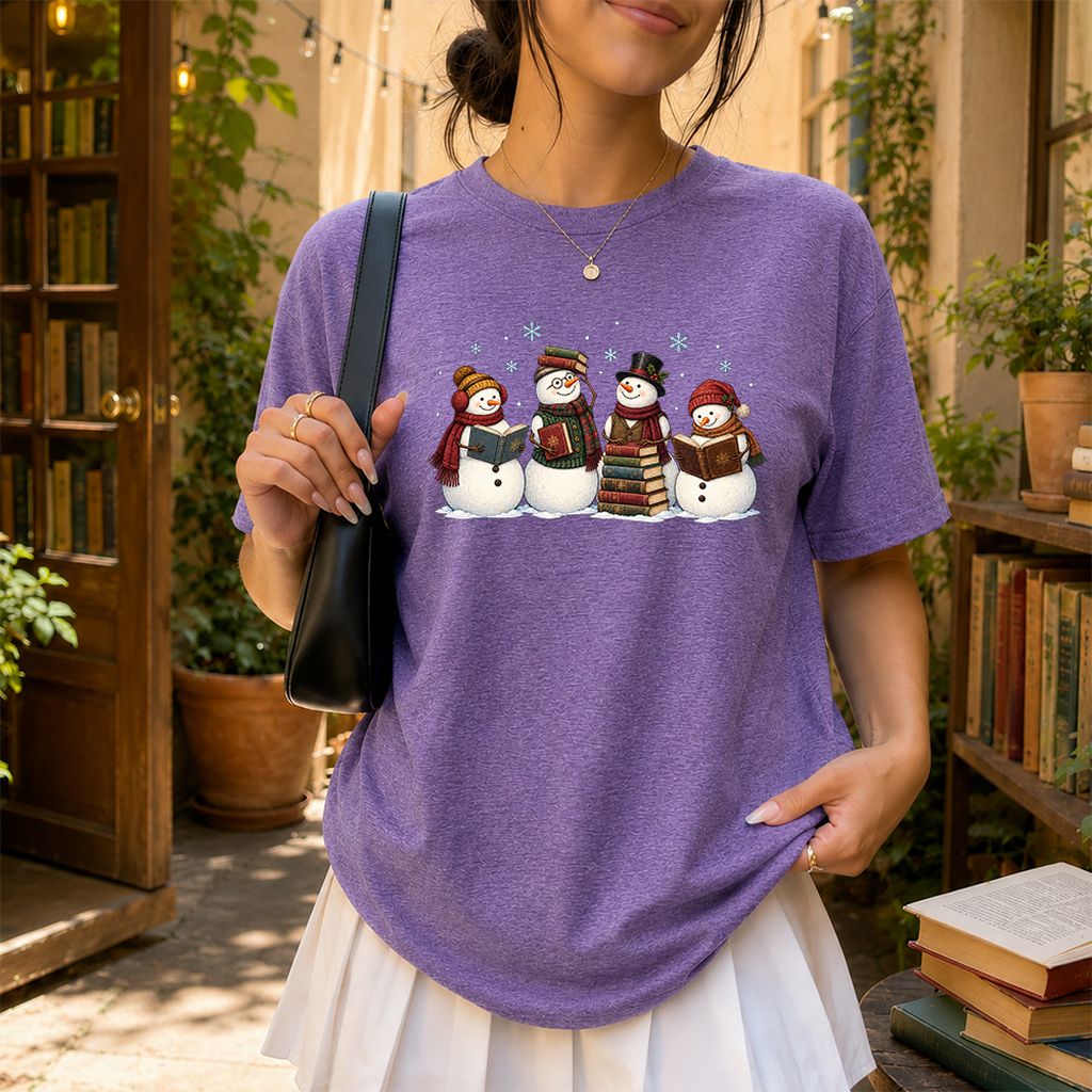 Four Snowmen Reading Printed T-Shirt | Christmas Book Lover Gift Heather Purple