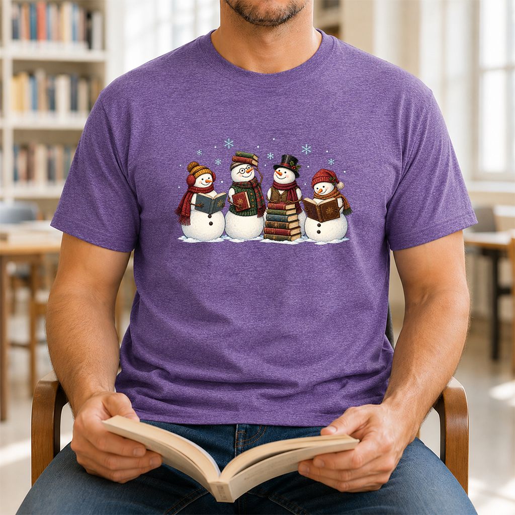 Four Snowmen Reading Printed T-Shirt | Christmas Book Lover Gift Heather Purple