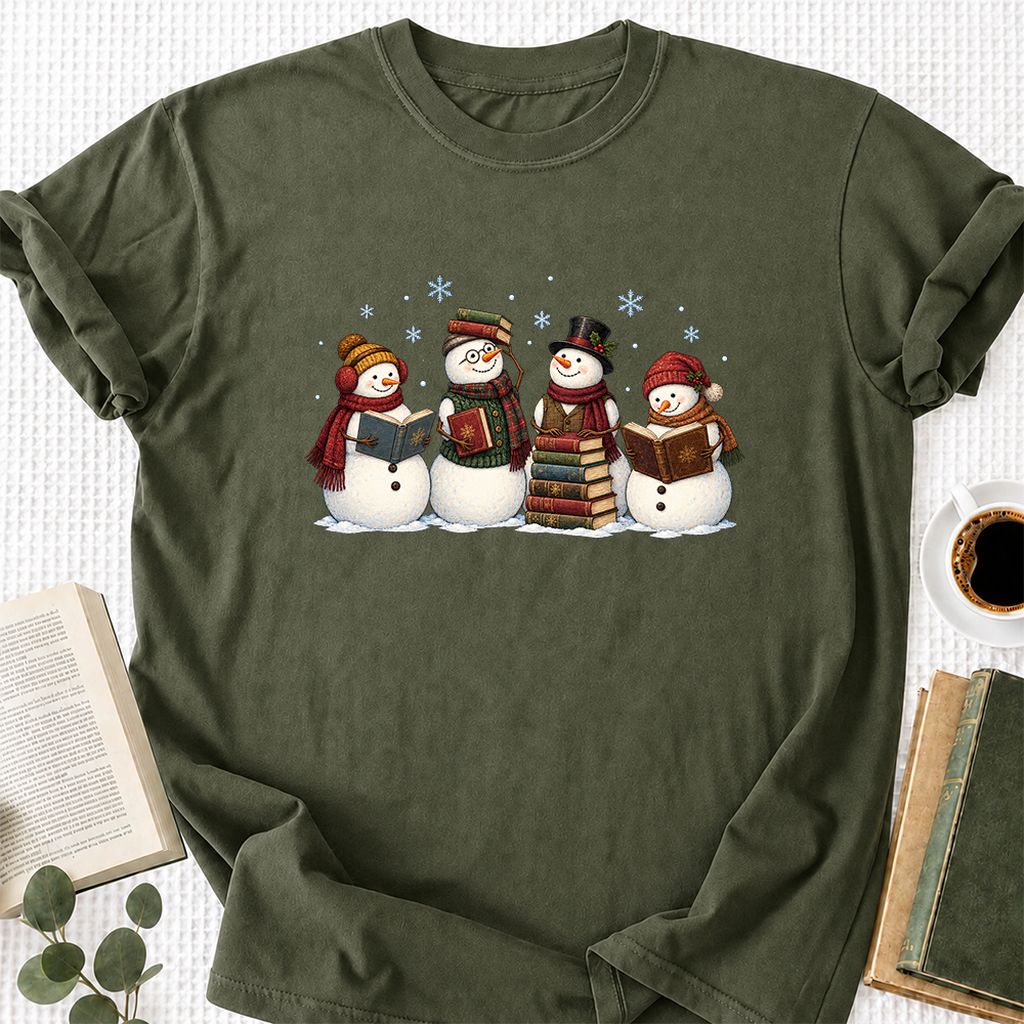 Four Snowmen Reading Printed T-Shirt | Christmas Book Lover Gift Military Green