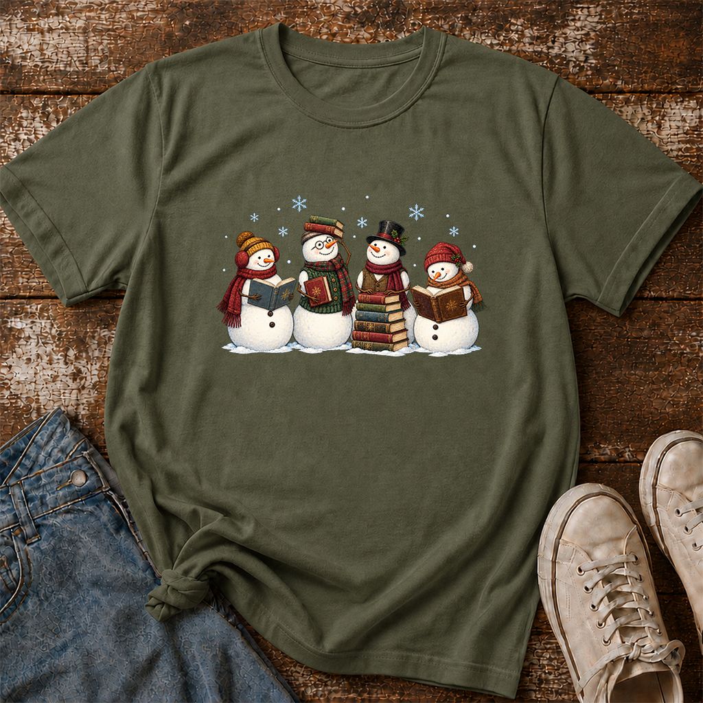 Four Snowmen Reading Printed T-Shirt | Christmas Book Lover Gift Military Green