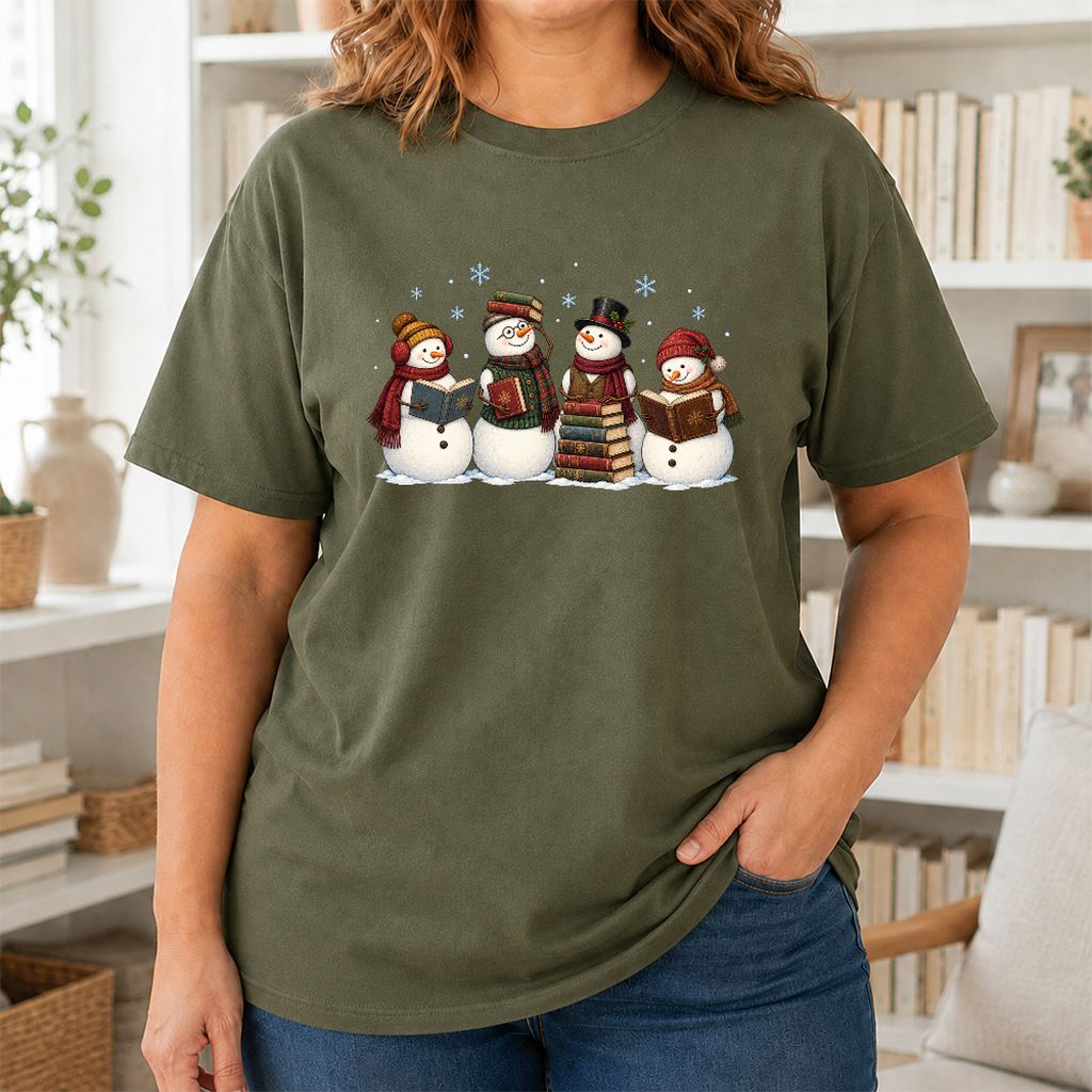 Four Snowmen Reading Printed T-Shirt | Christmas Book Lover Gift Military Green