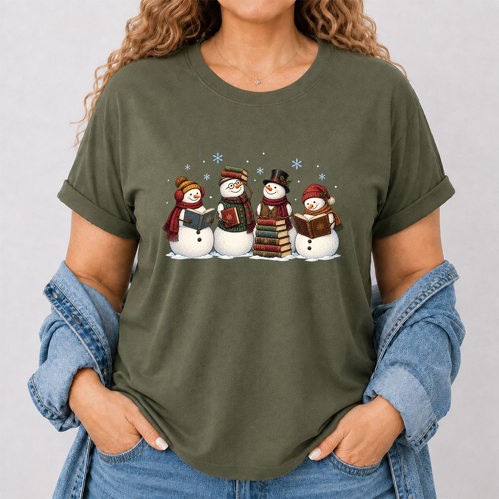 Four Snowmen Reading Printed T-Shirt | Christmas Book Lover Gift Military Green