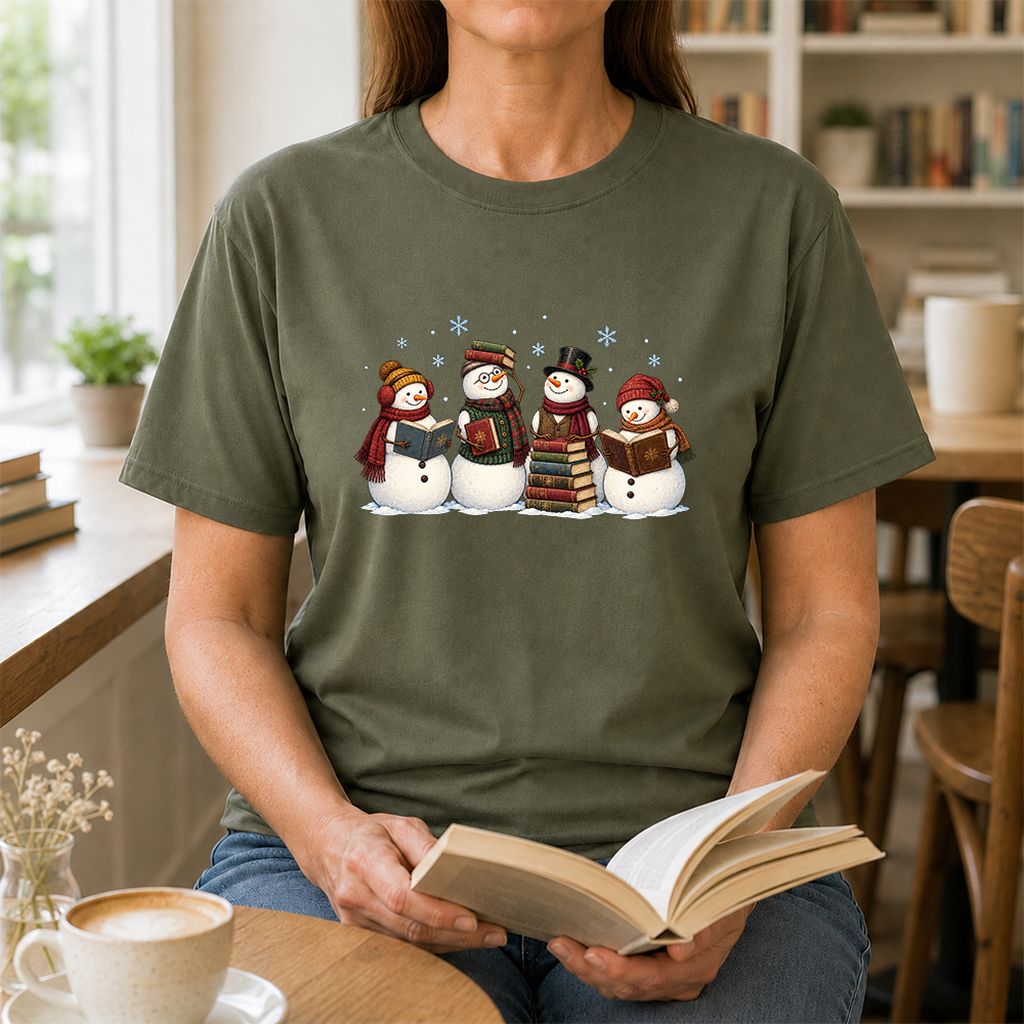 Four Snowmen Reading Printed T-Shirt | Christmas Book Lover Gift Military Green