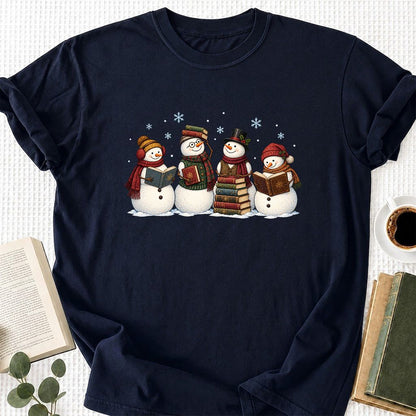Four Snowmen Reading Printed T-Shirt | Christmas Book Lover Gift Navy