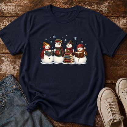 Four Snowmen Reading Printed T-Shirt | Christmas Book Lover Gift Navy