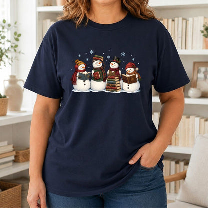 Four Snowmen Reading Printed T-Shirt | Christmas Book Lover Gift Navy