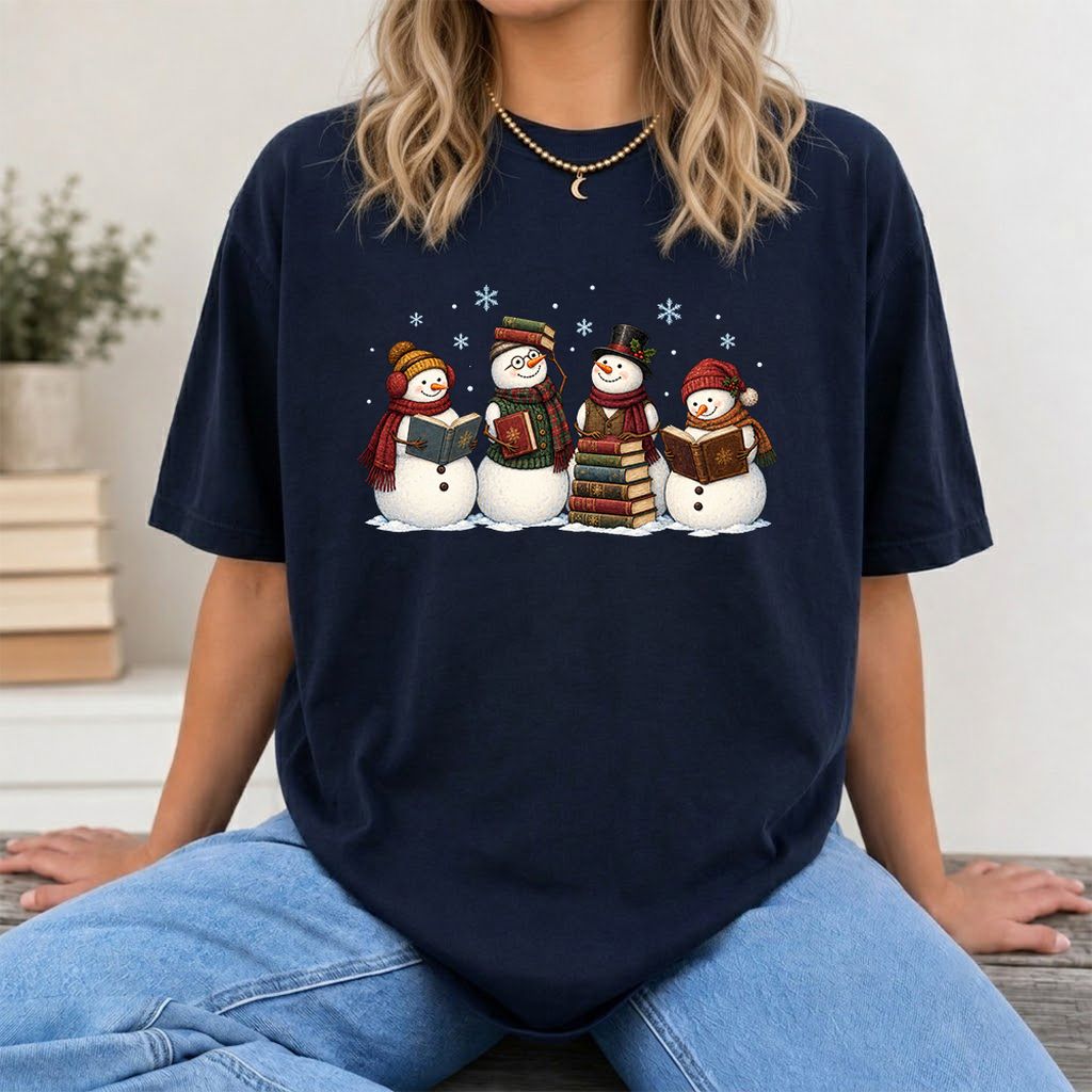 Four Snowmen Reading Printed T-Shirt | Christmas Book Lover Gift Navy