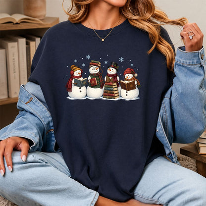 Four Snowmen Reading Printed T-Shirt | Christmas Book Lover Gift Navy
